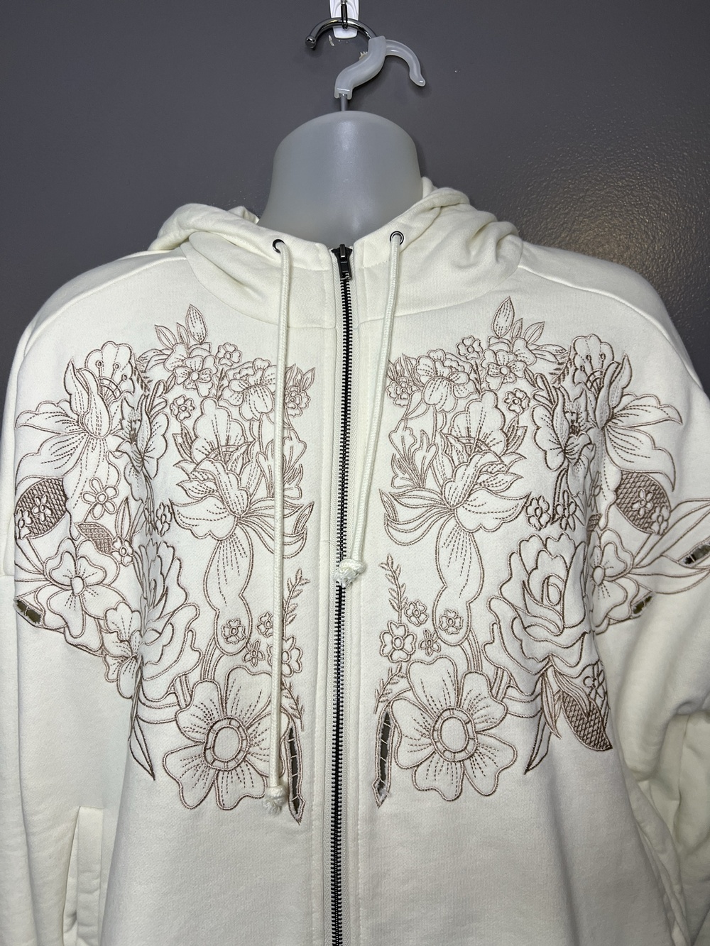 Jacquie The Label Hoodie Womens Large White Floral Embroidered Full Zip Fleece